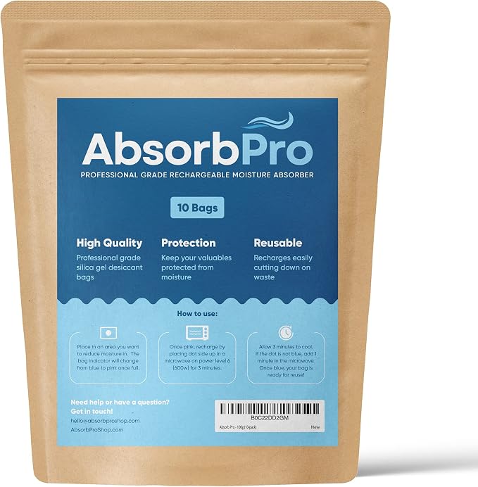 Absorb Pro Rechargeable Dehumidifier Bag 10-Pack - 100g Reusable Moisture Absorbers - Silica Gel Packets for Bins, Totes, Gun Safe, Food Storage, Clothes, Cars, and Boats
