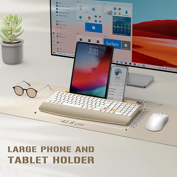 GAMCATZ Ergonomic Wireless Keyboard with Wrist Rest-Low-Profile,Phone/Tablet Holder,Quiet Design,Windows & Mac OS,Full Size Cordless USB Computer Keyboard for Desktop,Laptop, PC, Mac, Windows-Gold