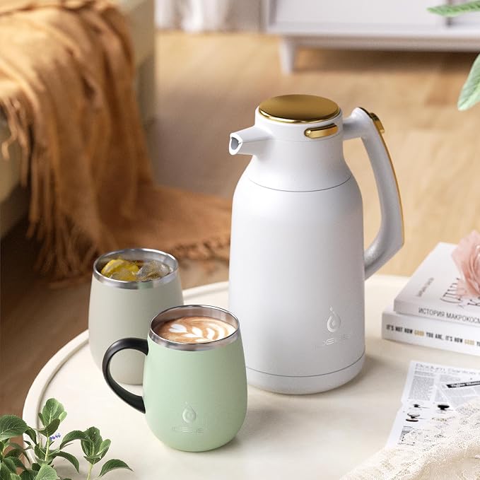 IDEUS Thermal Coffee Carafe, Stainless Steel Double Wall Insulated Vacuum Flask, Water Jug Coffee Server and Beverage Dispenser, Heat and Cold Retention (White-Gold, 68, Fluid Ounces)