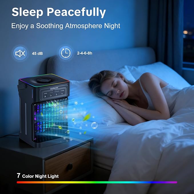 Portable Air Conditioners, 2026 Upgraded 4-IN-1 Quiet Portable AC Unit with Remote, 1100ML Tank Evaporative Air Cooler, 7 Color Light Personal Mini Air Conditioner for Bedroom,Office, Camping, Car,RV