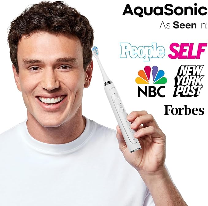 Aquasonic Vibe Series PRO – Ultra-Whitening Electric Toothbrush – 5 Modes & Smart Timers – UV Sanitizing Base – ADA Accepted (Optic White)