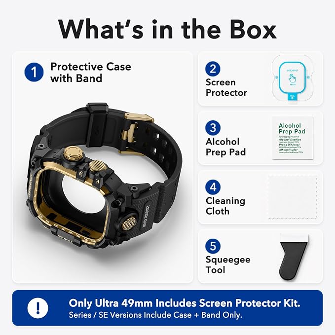 amBand Rugged Case with Band for Apple Watch Ultra 3/2/1 49mm, M3 Military Grade Shockproof Cover, Includes Screen Protector Kit, Tactical Band for Men - Compatible with iWatch Ultra, Black Gold