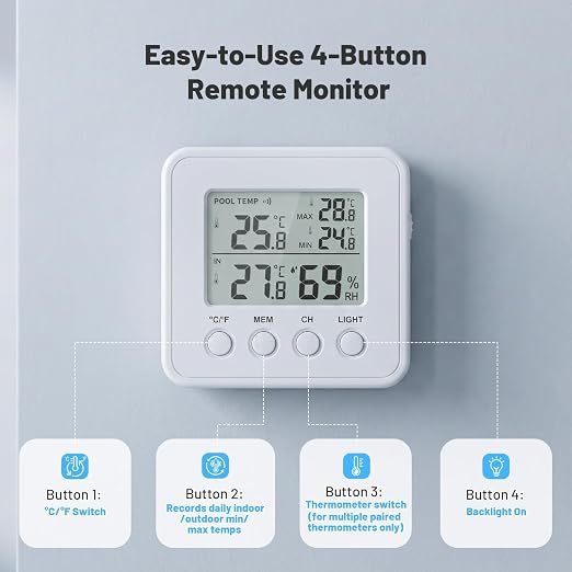 Wireless Pool Thermometer Floating with Indoor Receiver, IP67 Waterproof Digital Water Temperature Sensor with Backlight Screen, 260ft Range Remote Monitor for Pool, Hot Tub, Spa, and Indoor Humidity
