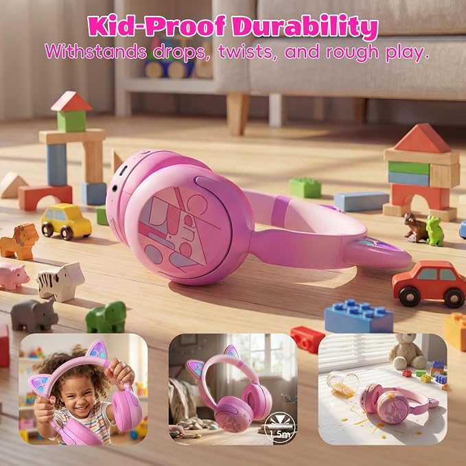 Kids Bluetooth Headphones with LED Cat Ears, Active Noise Cancelling Headphones for Kids, 85dB Safe Volume, 40H Play Time, Bluetooth 6.0, Fast Charging, Built-in Mic for iPad/Tablet/Airplane, Pink