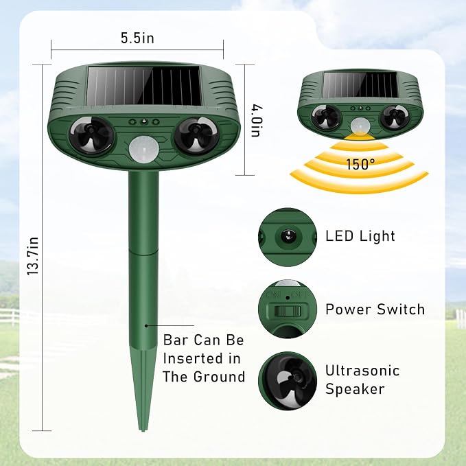2026 Upgraded Ultrasonic Solar Animal Repellent Outdoor, Deer Repellent Devices Squirrel Cat Raccoon Rabbit Dog Deterrent with Motion Sensor for Yard Garden Lawn-2 Pack