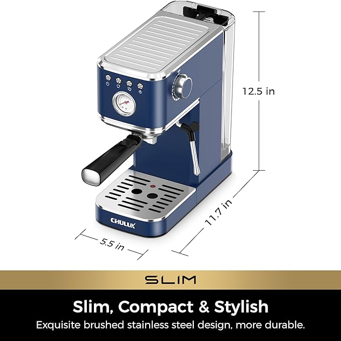 CHULUX Slim Espresso Machine with Milk Frother, 20 Bar Professional Italian Pump Espresso Coffee Machine for Home Cappuccino & Latte Maker, Stainless Steel, Dark Blue