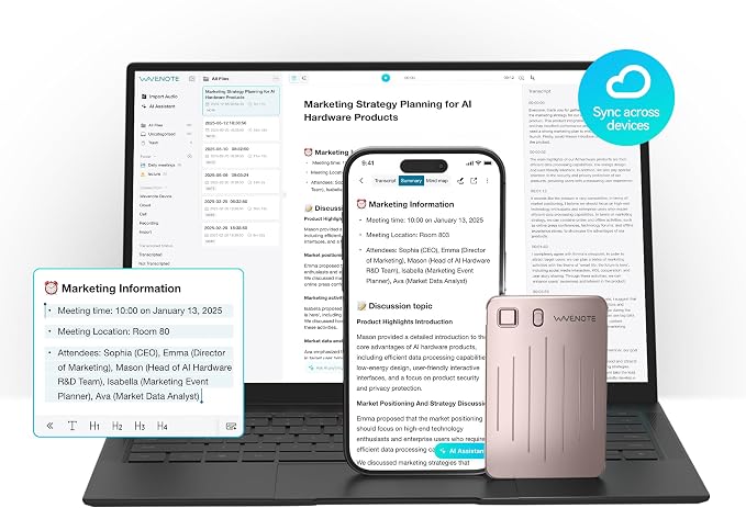 WaveNote AI Voice Recorder, Transcribe & Summarize Recorder, 42 Hours Continuous Recording, Support 112 Languages, 64GB AI Recorder for Meetings, Lectures, Calls,Multi-Speaker Voice Recognition