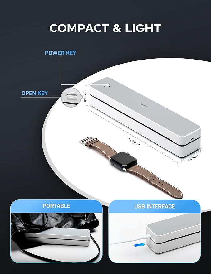PRT Portable Printer Wireless for Travel, Inkless Bluetooth Small Mobile Thermal Printer, Support 8.5" X 11", A4, Compatible with Phone, Laptop for Home Use, Vehicles, Valentine's Day Gift, White