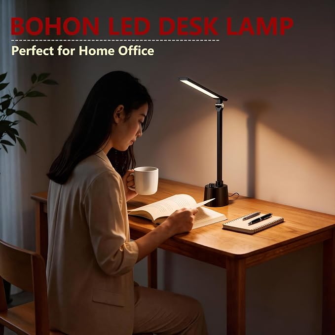 BOHON Small Desk Lamp with USB C Charging Port, Stepless Dimming 5 Colors Reading Light, Space-Saving Rotating Head Desk Lamp for Home Office, Dorm, Bedroom, Black