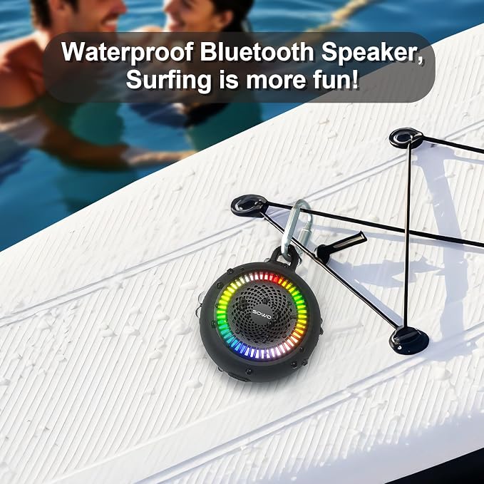 SOWO Bluetooth Shower Speaker Waterproof - Small Portable Bluetooth Speaker Wireless with Clip - Powerful Bass and Louder Volume - Colorful Lights and Lightweight