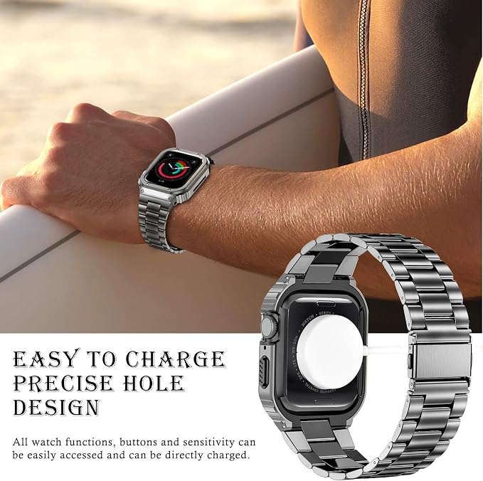 MioHHR Stainless Steel Band and Case Compatible with Apple Watch Band 44mm 42mm (Series 3/2/1), Men Metal Protective Bumper Cover for iWatch Series 6/5/4/3/2/1/SE/SE2/SE3, Space Gray
