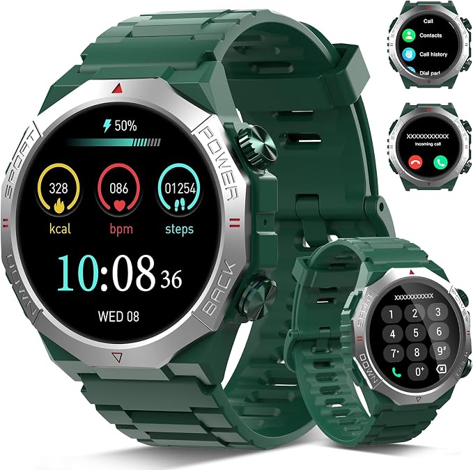 Qecnato Military Smart Watches for Men (Answer/Make Calls), 1.39" Watches, Heart Rate/Sleep Monitor, 110 Sports Modes Watch, Waterproof Watch, 30Day, Watches for Android/iPhone, Green