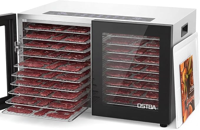 OSTBA Dual Zone Food Dehydrator, 20 Stainless Steel Trays, 1300W Dual Layer Food Dryer, 180℉ Adjustable Temp, 48H Digital Timer, 10 Presets for Jerky, Meat, Fruit, Herbs, Home & Commercial Use