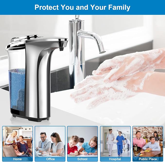 PZOTRUF Automatic Soap Dispenser, Touchless Dish Soap Dispenser 17oz/500ml with Infrared Sensor, 5 Adjustable Soap Levels, Liquid Hand Soap Dispenser for Bathroom Kitchen (Silver, 3 Pack)