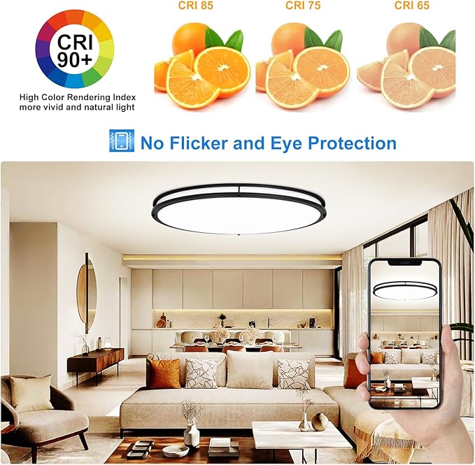 DLLT Flush Mount LED Ceiling Light: 32 Inch 5CCT (3000K-6000K) & Dimmable Ceiling Light Fixtures for Bedroom Hallway - 45W Modern Black Super Bright Kitchen Lighting Fixtures Ceiling