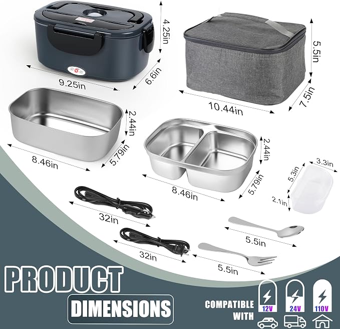Electric Lunch Box for Adults - 1.5L Single/Double Layer Stainless Steel Food Warmer - 80W Fast PTC Heated Lunchbox, 12V/24V/110V Portable Food Heater for Car&Truck, Office, Camping, Travel(Gray)