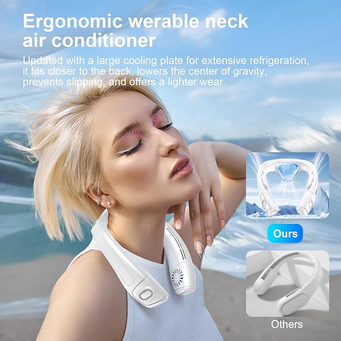 Neck Air Conditioner Fans That Blow Cold Air, 6000 mAh Battery Operated Wearable Cooling Device Fan, Bladeless, Rechargeable Fan, White