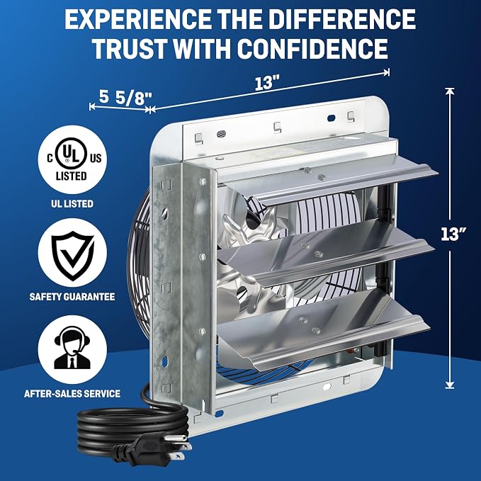 iLiving 10" Wall Mounted Shutter Exhaust Fan, Automatic Shutter, with Thermostat and Variable Speed controller, 65W, 820 CFM, 1200 SQF Coverage Area Silver (ILG8SF10V-ST)