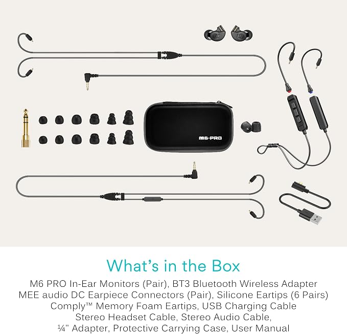 MEE audio M6 PRO Musicians' In-Ear Monitors Wired + Wireless Combo Pack: Includes IEMs, 2 Audio Cables and BT3 Hi-Res Bluetooth Audio Adapter w/aptX, LDAC, Auracast Support, & Built-In Headset (Black)