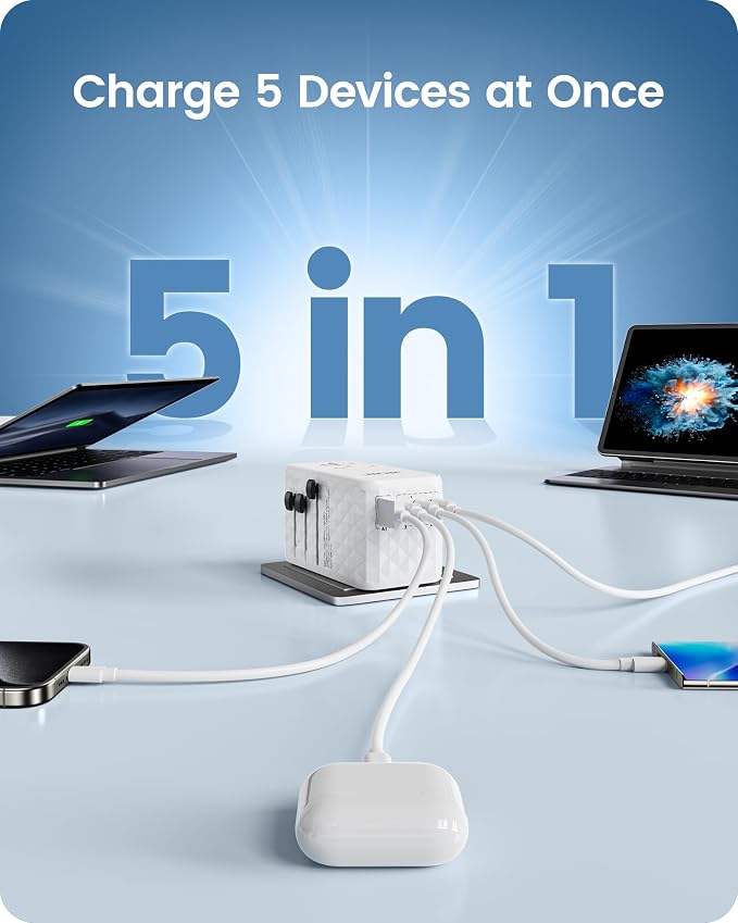 LENCENT 140W International Travel Adapter, GaN Universal Travel Adapter with 1 USB-A & 3 Type C Power Converter, Fast Charger for Phone,Laptops, Worldwide Plug Outlet for USA/UK/EU/AUS, White