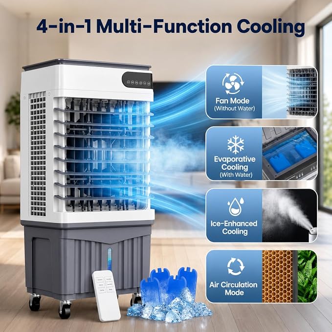 2800CFM Swamp Cooler, Portable Evaporative Air Cooler with 8.3 Gal Water Tank, 4 Ice Packs, 120° Oscillation, 3 Speeds & Modes, 12H Timer, Remote Cooling Fan for Large Room Garage