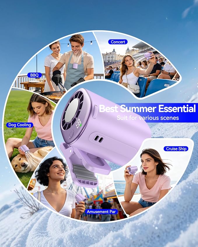 Clip-On Portable Fan with Ice Cooling, 20000 RPM Rechargeable Handheld Turbo Fan, 360° Rotating Detachable Clip, Mini Stroller Fan for Baby, Compact Travel Essentials, Summer Gifts for Women,Purple
