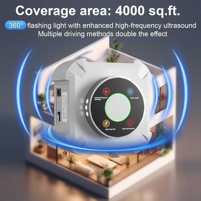 Ultrasonic Mouse Repeller & Pest Repellent - 12 Strobe Lights, 4 Frequency Modes, Indoor Plug in Rodent Control for Home, Garage, Attic, Warehouse, Electronic Mice Deterrent Devices, White