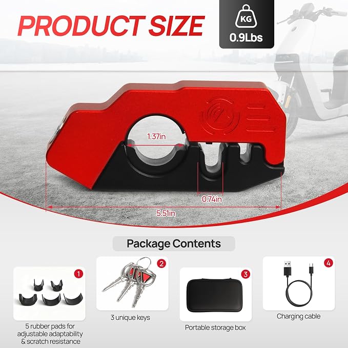 Motorcycle Locks Anti Theft, 130DB Alarm Motorcycle Grip Brake Lock, Heavy Duty Handlebar Throttle Lock Waterproof Alarm System for Moped, Bike, Scooter, ATV (Red)