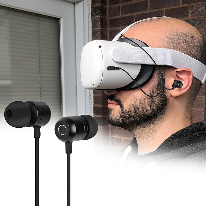 GEEKRIA VR in-Ear Headphones Compatible with Pico Neo 3, HTC Vive, Short Earbuds with S/M/L Size, 3.5 mm Aux 360 Degree Sound Earphone (Black)
