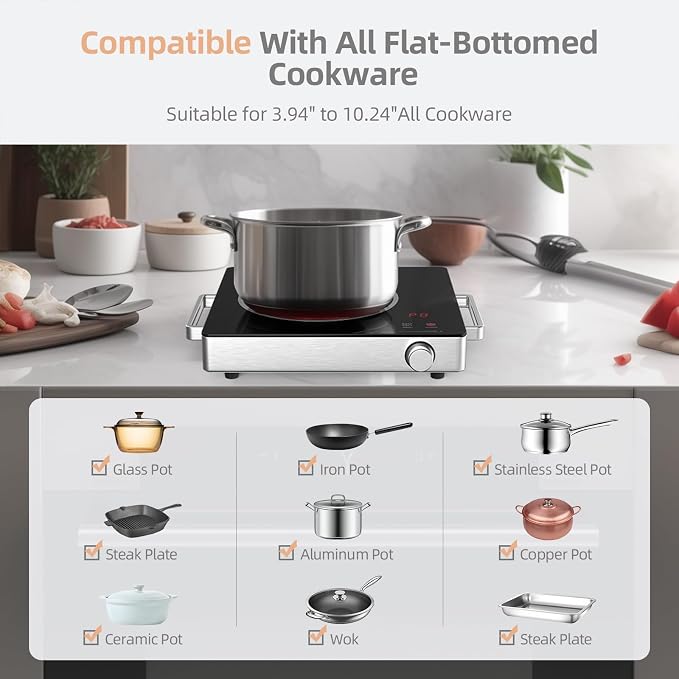 Hot Plate Electric Single Burner,SOPINWAEH 1800W Portable Countertop Ceramic Cooktop For Cooking With Adjustable Temperature & Stay Cool Stainless Steel Handles,Compatible With All Cookware