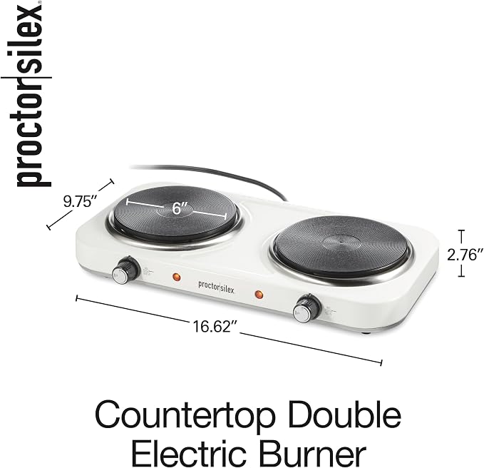Proctor Silex Portable Electric Stove, Cast Iron Double Burner Cooktop, Compact, Adjustable Temperature Hot Plate, 1700 Watts, White (34117)