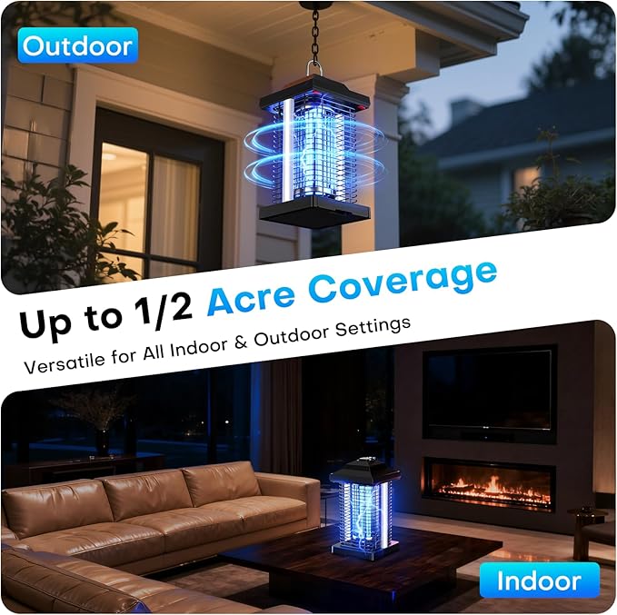 Bug Zapper Outdoor, Dual Wavelength UV 50000H Lifespan & Dual LED Lamps, 1/2 Acre Coverage, 5 Zaps/Sec, 4200V Electric Mosquito Zapper, IPX4 Waterproof Fly Trap for Indoor Patio Backyard