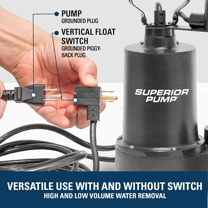 Superior Pump 92053 Cast Iron Submersible Sump Pump with Vertical Switch, plus 1-1/2-Inch Rubber Boot Check Valve, 1/2 HP, Kit