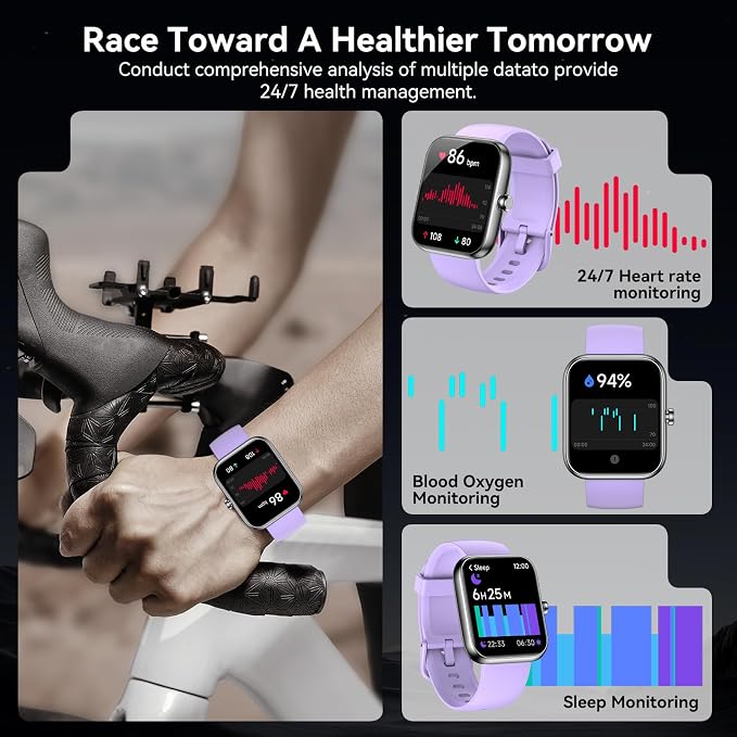 Smart Watch with Alexa, 1.83" HD Fitness Tracker, Message Notifications, IP68 Waterproof, 120+ Sport Modes, 24/7 Heart Rate & Sleep Monitor, Long Battery Life, Compatible with iPhone Android(Purple)