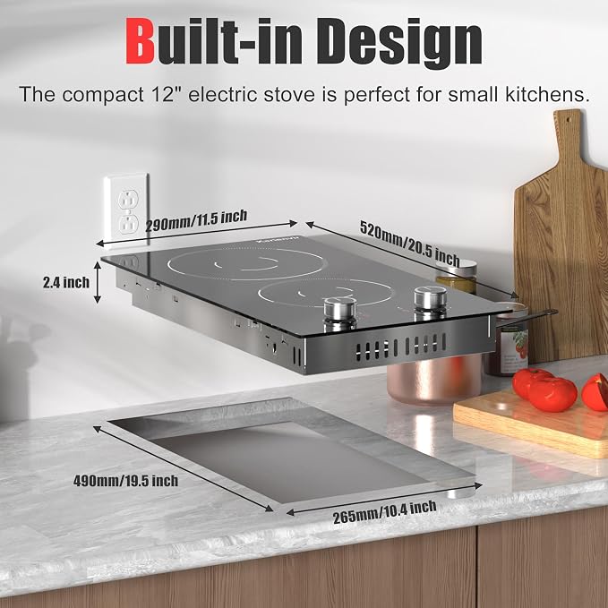 2 Burner Electric Cooktop, 12 Inch Countertop & Built-in Electrical Stovetop, 110V Electric Stove with Plug, Knob Control, 9 Power Level, 2000W(1400W+600W)