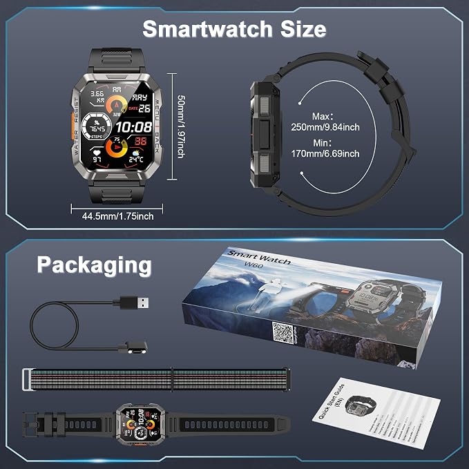 Military Smart Watch for Men(Answer/Make Call), Outdoor Sports Smartwatch with Flashlight/100 Days Battery/Compass/Heart Rate/SpO2/Sleep Monitor/2 Straps, Fitness Tracker for iPhone/Android Phones