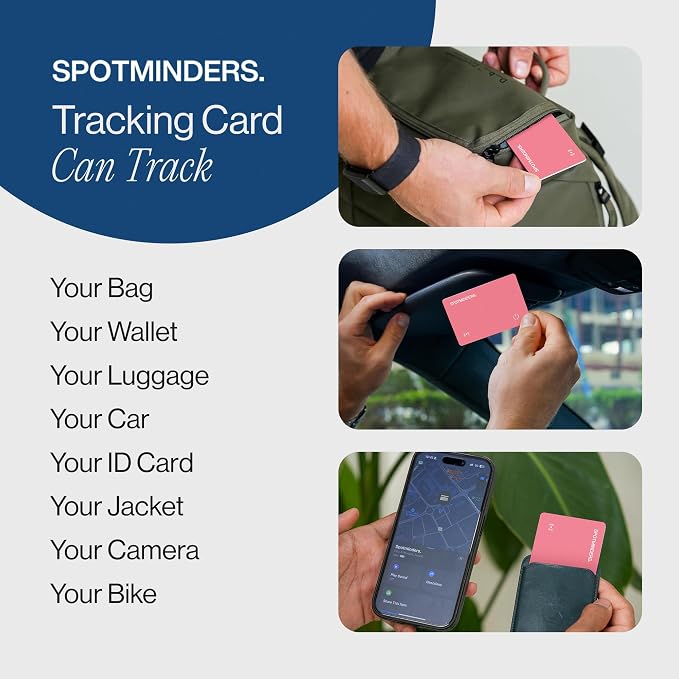 SPOTMINDERS Apple MFi Certified Wallet Tracker Card for Travel Gifts for Women - Works with Apple Find My Rechargeable Tracking Card for Wallet Luggage Passport Purse Slim 0.07in IP68 Pink Item Finder