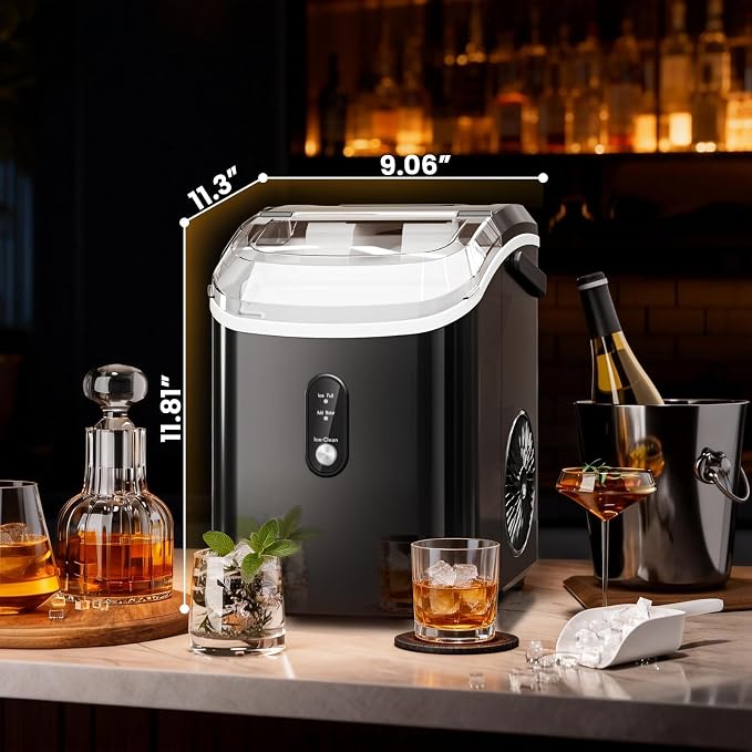 Soft Chewable Nugget Ice Maker, 35Lbs/24Hrs, Self-Cleaning Countertop Pebble Ice Machine with Basket & Scoop for Home, Bar, or Entertaining,Black