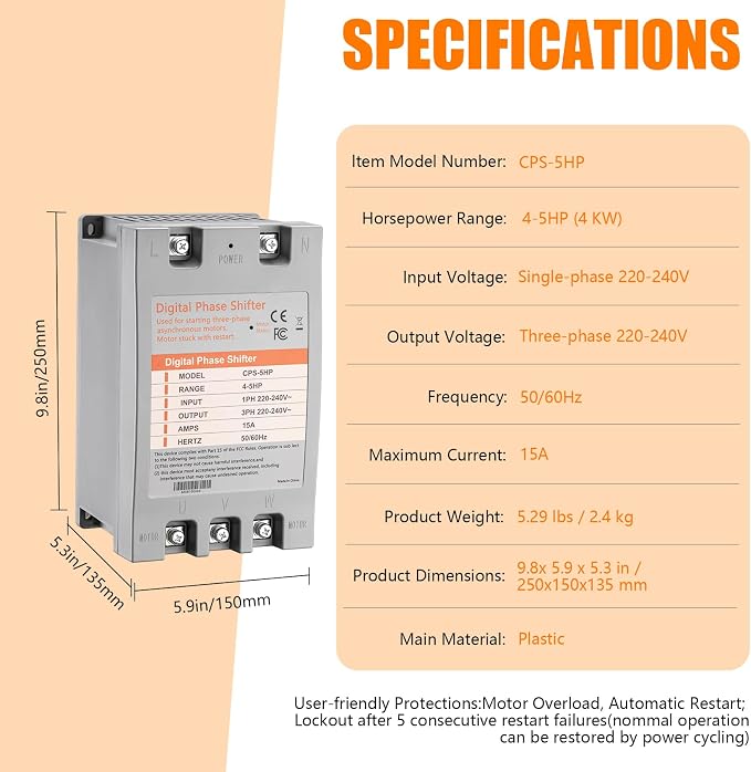 Single Phase to 3 Phase Converter,5HP 220V 3 Phase Converter,220V-240V Input/Output Digital Phase Shift for 5HP Motor