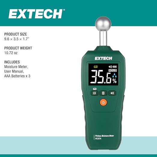 Extech MO57A Compact Pinless Ball Probe Moisture Meter - Non-Destructive Spherical Sensor Tester for Water Damage, Wood and Drywall, Up to 4-Inch Depth Detection with Audible Alert