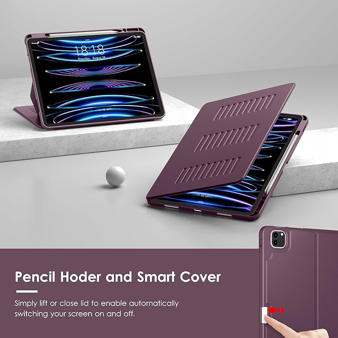 VIKESI Case for iPad Pro 12.9 6th / 5th / 4th / 3rd Generation Case 2022/2021/2020/2018,Multiple Angles Magnetic Stand Cover,Shockproof Soft Back,Pencil Holder,and Auto Sleep/Wake,Dark Purple