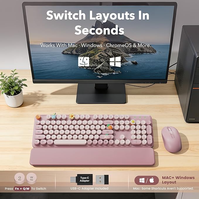 Wireless Keyboard and Mouse Combo, Full-Size Typewriter-Style Keyboard with Round Keycaps, Magnetic Wrist Rest, Tilt Legs, 2.4GHz Cordless for Mac, Windows PC, Laptop, SABLUTE CK23, Dusty Rose