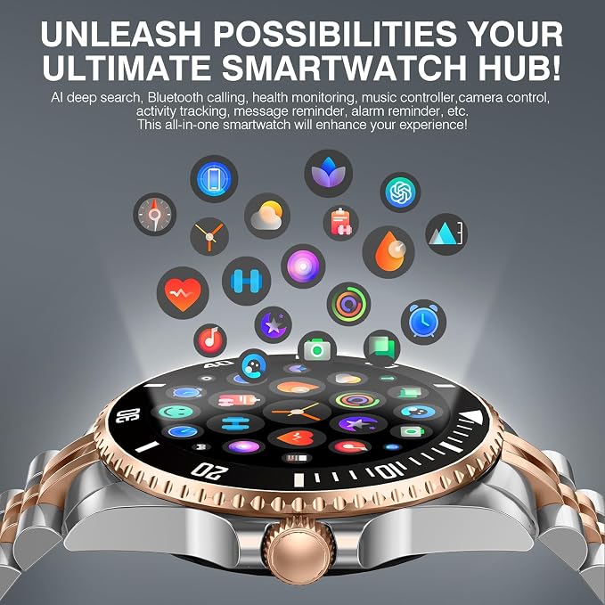 GPT AI Smart Watch with Bluetooth Calls, 1.19-inch AMOLED 44mm, 24/7 Heart Rate, SpO2, Blood Pressure, Sleep Monitor, 107 Sports Fitness Tracker, Smartwatch Compatible Android and iOS Silver Gold