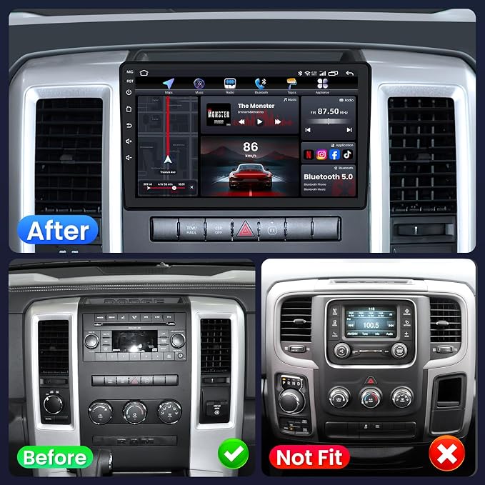 4core 2+64G Car Stereo for Dodge Ram 1500 2500 3500 Radio 2009-2012: 10.1 Inch 1280x800 Touchscreen Upgrade Bluetooth 5.0 Wireless CarPlay/Android Auto 5G WiFi GPS FM/RDS 1080P Backup Camera