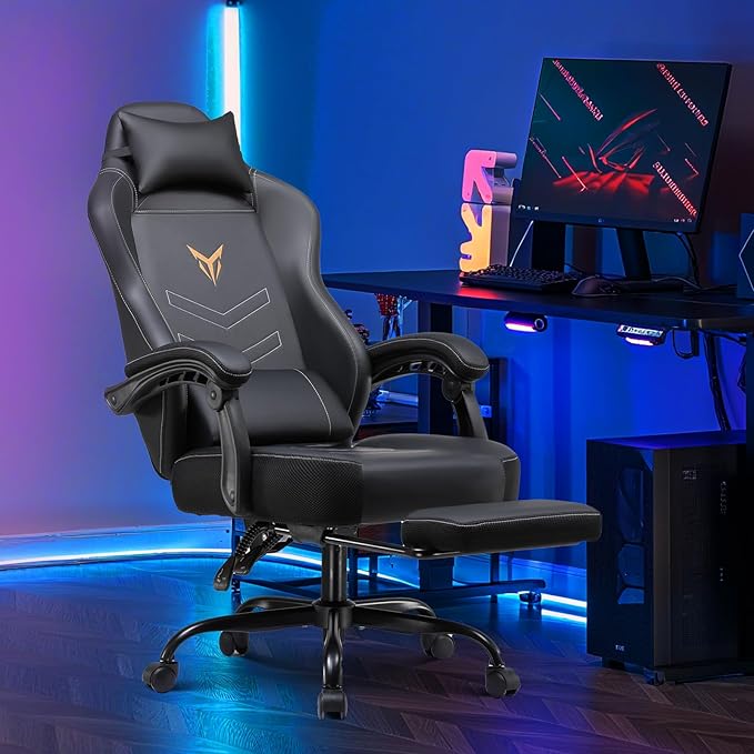 GTPLAYER Gaming Chair with Footrest, Recliner Chair with Headrest & Lumbar Support, Linkage Armrest,Ergonomic Gaming Chair 350lbs, High Back Office Home, Dark Black