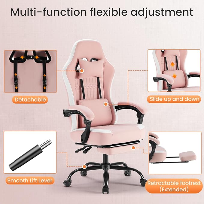 DUMOS Gaming Chair with Linkage Armrests, Video Game Chairs with Pocket Spring Cushion, Ergonomic Computer Silla Gamer Office Desk Chair with Footrest for Adults & Students, Pink