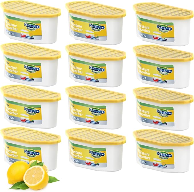 Ksend Moisture Absorbers, 12 Pack, Compact Dehumidifier for Closet, Efficient Humidity Absorber Boxes, Moisture Absorber for Closet, Odor Eliminator with Lemon Fragrance, Yellow, 6.4oz, 300ml