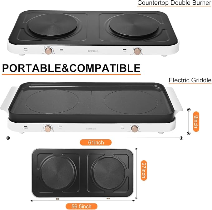 AEWHALE Countertop Double Burners with Removable Griddle Pan Non-stick,1800W Electric Hot Plate Adjustable Temperature