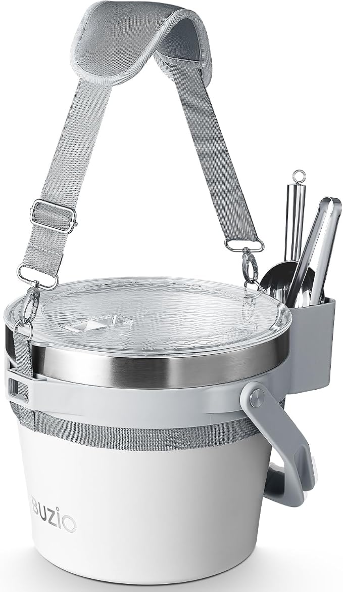 BUZIO 7.4 Qt/7 L Ice Bucket for Parties with Lid and Scoop & Tongs, Double Wall Vacuum Insulated Stainless Steel, Holds 6 Longnecks or 3 Wine Bottles, Large Beverage Bucket for Champagne, White