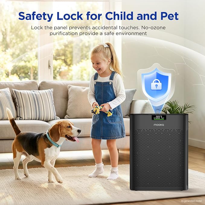 Air Purifier for Home Bedroom Large Room 2200 Ft², MOOKA H13 HEPA Air Cleaner with Washable Pre-filter, Air Quality Monitor, Air Purifiers for Pets Hair Smoke Dust Pollen, Auto Mode, KJ190H Black